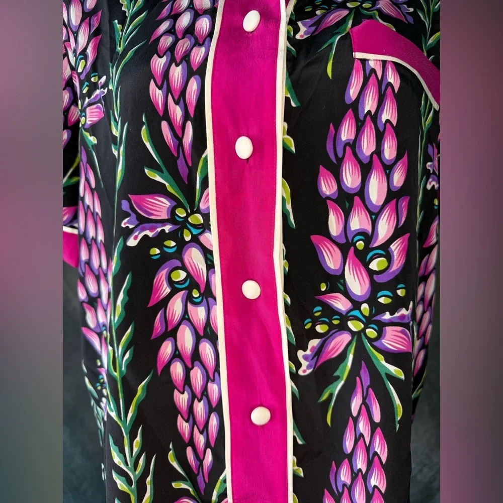 Vintage Bob Mackie Pink and Black Floral Women's Shirt 100% Silk! - Picture 2 of 9